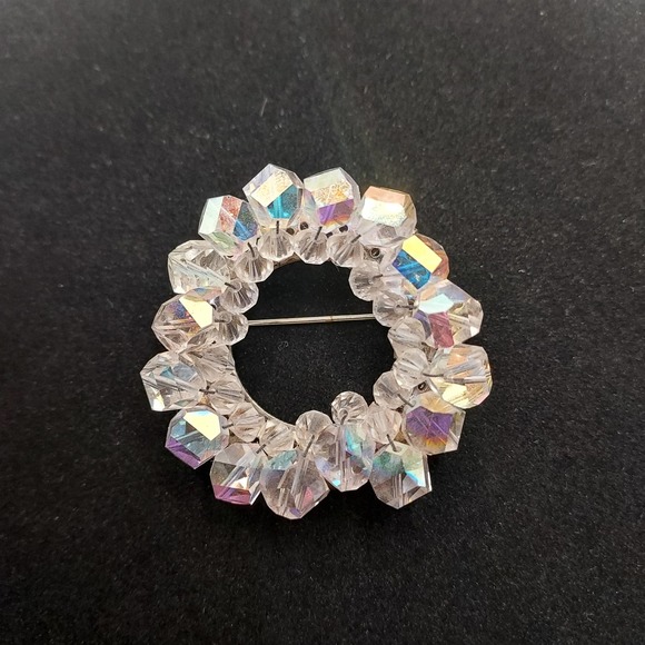 Vintage Aurora Borealis Brooch Circle Crystal Costume Jewelry - Picture 10 of 10
